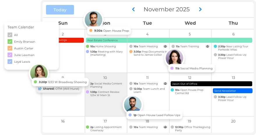 Shared calendar and time management tools for coordinating real estate team schedules