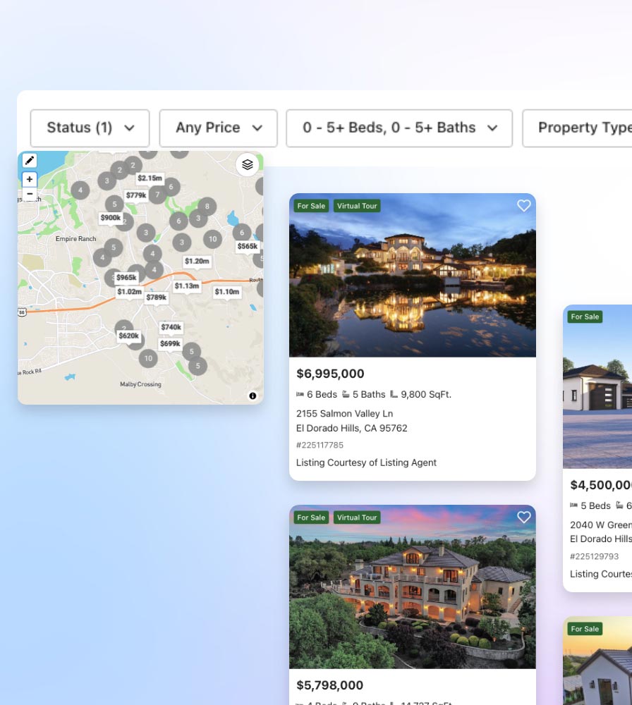 IDX website property search interface showing real-time MLS listings